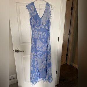 London Times Light Blue Floral Ruffle V-Neck Maxi Dress